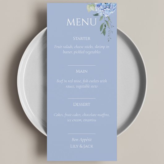 Elegant Blauw Beige Hydrangea Bruiloft Menu