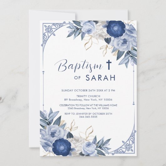 Elegant Blauw Bloem Lijst Dekdoop Kaart (Voorkant)