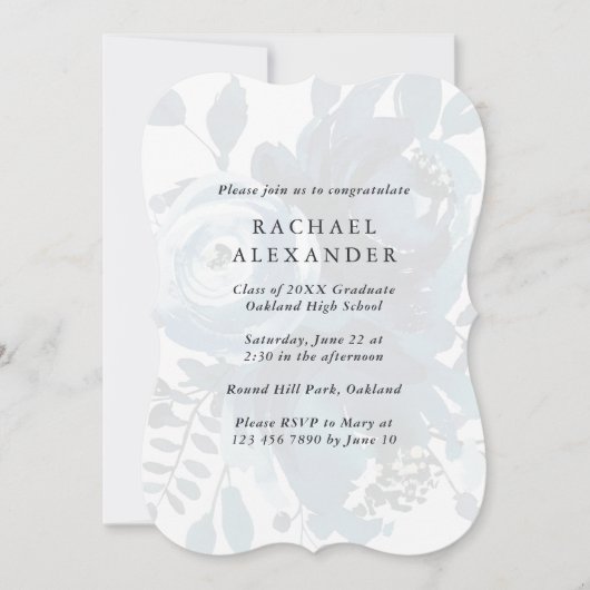 Elegant Blauw Bloemen Afstudeerfeest Uitnodiging (Voorkant)