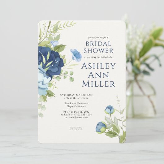 Elegant Blauw Bloemen Bruiloft Vrijgezellenfeest Kaart (Staand voorkant)