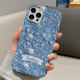 Elegant blauw bloemen chinoiserie monogram iPhone 16 pro hoesje