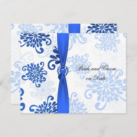 Elegant Blauw Bloemen Damast Lint Opslaan datum ka Aankondigingskaart (Voorkant / Achterkant)