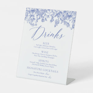 Elegant Blauw Bloemen Drinken Menu Sign Reclamebord Met Voetstuk