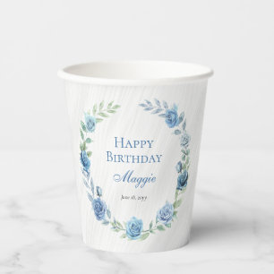 Elegant Blauw Bloemen Gelukkige Verjaardag Papieren Bekers
