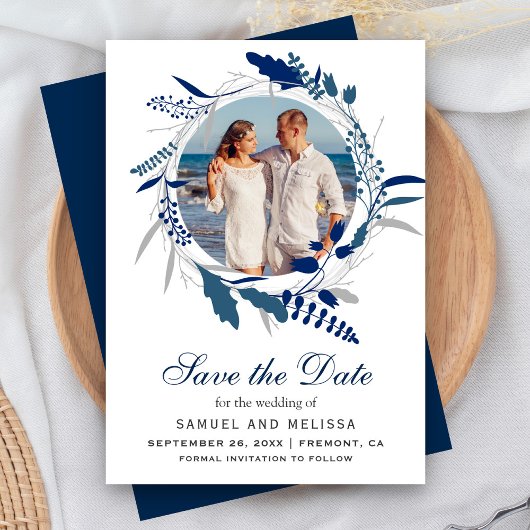 Elegant Blauw Bloemen Krans Foto Save the Date