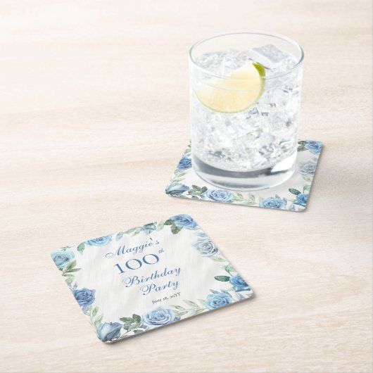 Elegant Blauw Bloemen Lijst 100ste Verjaardagsfees Vierkante Kartonnen Onderzetter (Insitu)