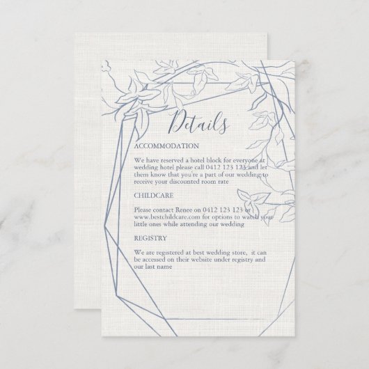 Elegant  Blauw Bloemen Lijst | linnen bruiloft Informatiekaartje (Voorkant / Achterkant)