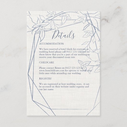 Elegant  Blauw Bloemen Lijst | linnen bruiloft Informatiekaartje (Voorkant)