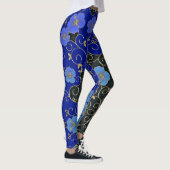 Elegant blauw bloemen met goudbladeren en -zwenken leggings (Rechts)