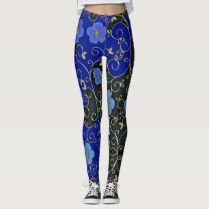 Elegant blauw bloemen met goudbladeren en -zwenken leggings