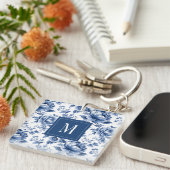 Elegant  Blauw Bloemen Monogram Sleutelhanger (Voorkant Rechts)