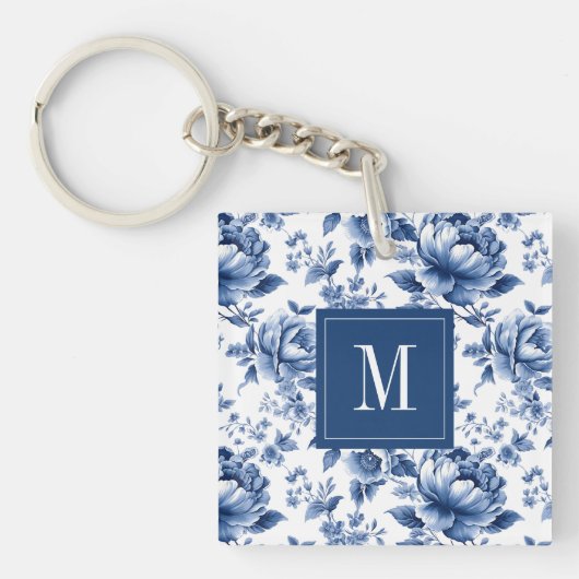 Elegant  Blauw Bloemen Monogram Sleutelhanger (voorkant)