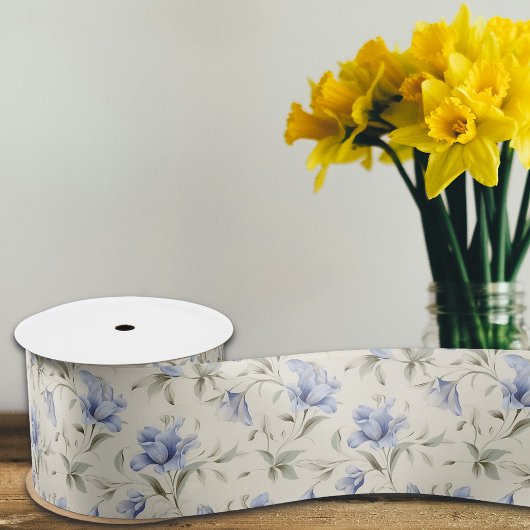 Elegant  Blauw Bloemen op Cream Achtergrond Lint