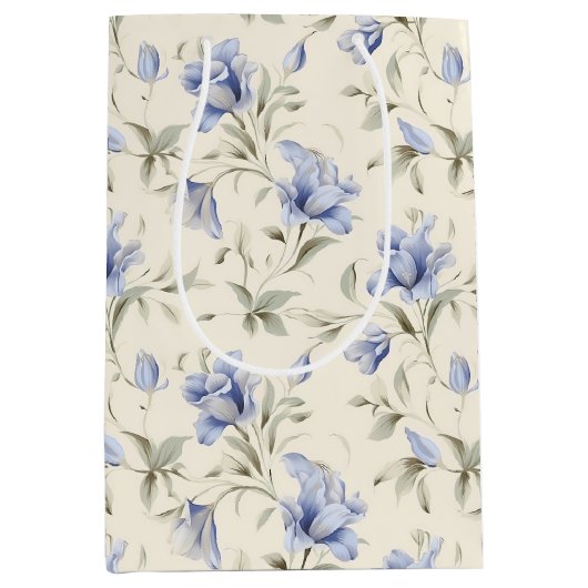Elegant  Blauw Bloemen op Cream Achtergrond Medium Cadeauzakje (Voorkant)