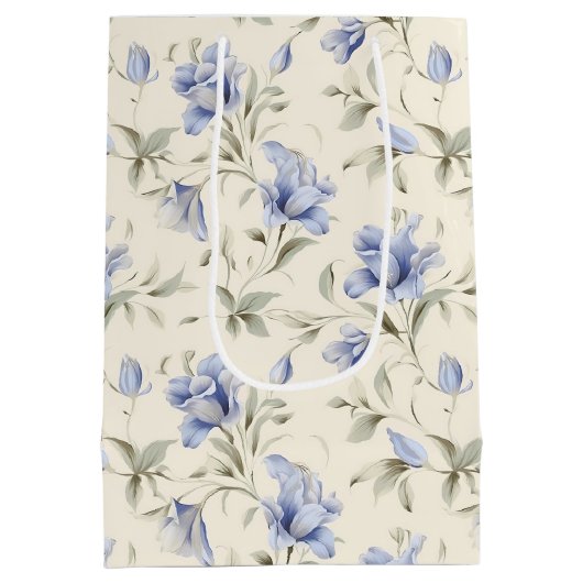 Elegant  Blauw Bloemen op Cream Achtergrond Medium Cadeauzakje (Achterkant)