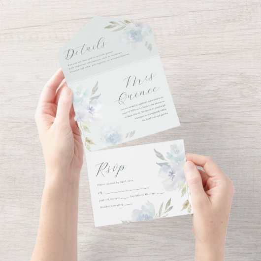 Elegant Blauw Bloemen Quinceanera 15 Jaar All In One Uitnodiging (Afscheurbaar)