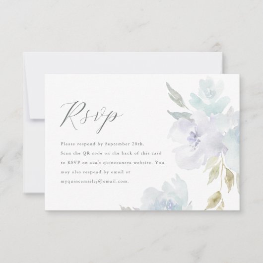 Elegant Blauw Bloemen Quinceanera QR Code RSVP (Voorkant)