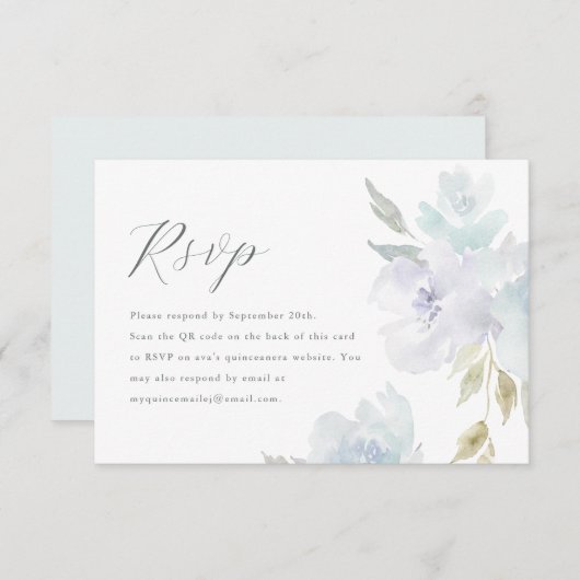Elegant Blauw Bloemen Quinceanera QR Code RSVP (Voorkant / Achterkant)