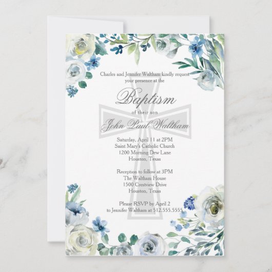 Elegant Blauw Bloemen Religieus Kruis Doop Kaart (Voorkant)