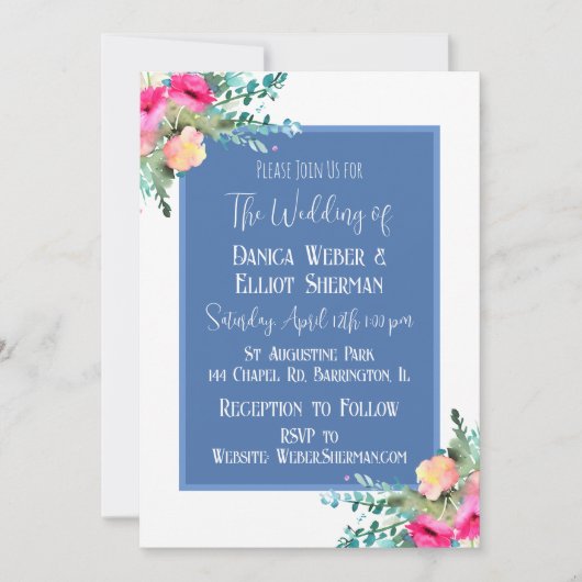 Elegant Blauw Bloemen Roze Rosebud Elegant Bruilof Kaart (Voorkant)