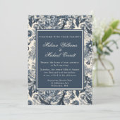 Elegant Blauw Bloemen Toile Fleurie Bruiloft Kaart (Staand voorkant)