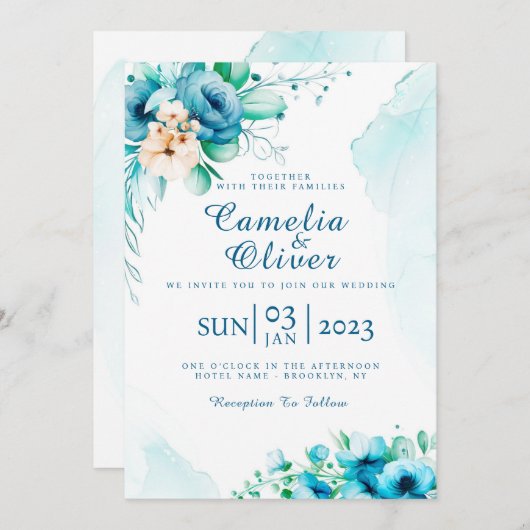 Elegant Blauw Bloemen Uitnodiging Kaart (Voorkant / Achterkant)