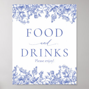 Elegant  Blauw Bloemen Voedsel en Drinken Teken Poster