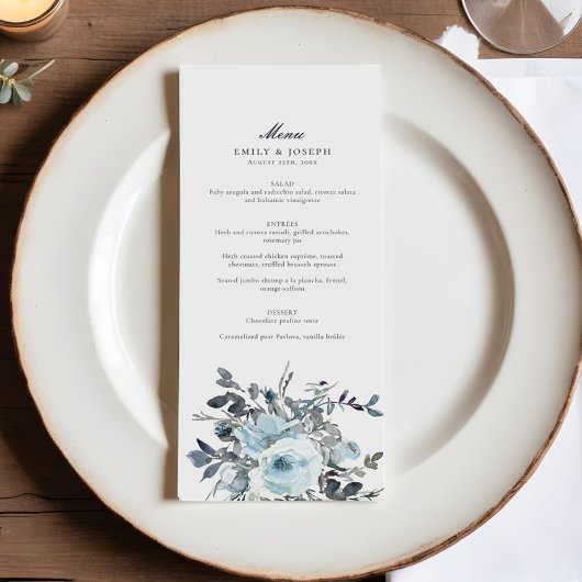 Elegant Blauw Bloemen Waterverf Bruiloft Menu