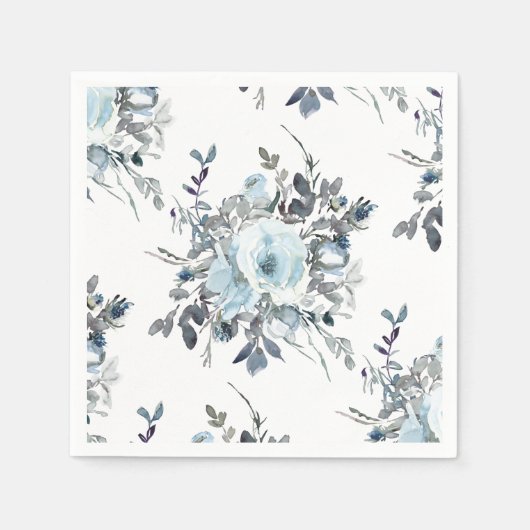 Elegant Blauw Bloemen Waterverf Bruiloft Servet (Voorkant)