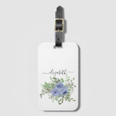 Elegant Blauw Bloemen Waterverf Girly Script Naam Bagagelabel (Voorkant (verticaal))