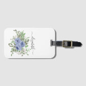 Elegant Blauw Bloemen Waterverf Girly Script Naam Bagagelabel (Voorkant (horizontaal))