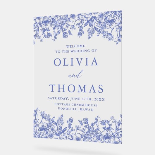 Elegant Blauw Bloemen Wildbloem Bruiloft Acryl Bord (Hoek)