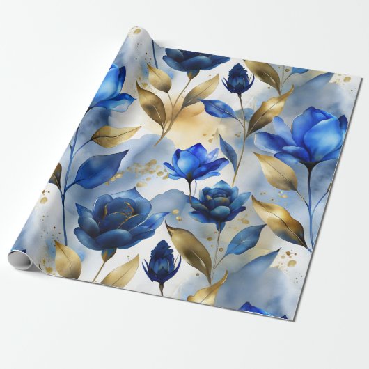 Elegant Blauw Bloemen Wrapping Papier (Uitgerold)