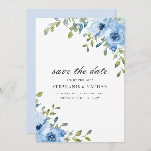 Elegant blauw bloemengroen save the date (Voorkant / Achterkant)