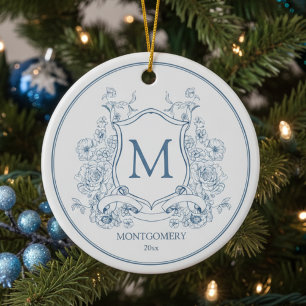 Elegant blauw bloemenkerstornament keramisch ornament