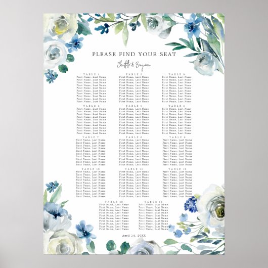 Elegant Blauw Bloemenlente Bruiloft Zitkaart Poster (Voorkant)