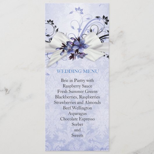 Elegant Blauw Bloemenlint Damast Bruiloft Menu (Voorkant)