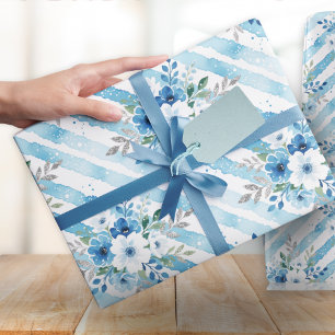 Elegant Blauw Bloemmotief in Waterverfstijl Cadeaupapier