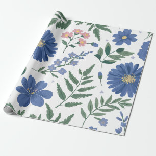 Elegant blauw bloemmotief met fris groen cadeaupapier