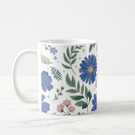 Elegant blauw bloemmotief met fris groen koffiemok