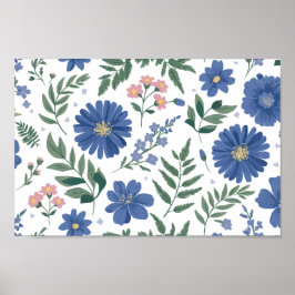 Elegant blauw bloemmotief met fris groen poster