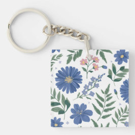 Elegant blauw bloemmotief met fris groen sleutelhanger