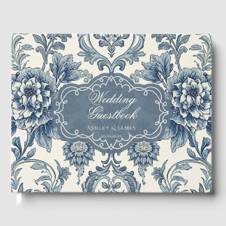 Elegant Blauw Bloemstuk Victoriaans Trouwgastenboe Gastenboek