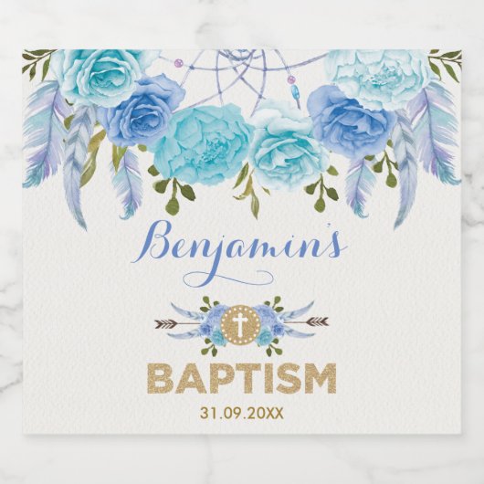 Elegant Blauw Boho Bloemen Dreamcatcher Doop Sparkling Wijnetiket (Enkel label)