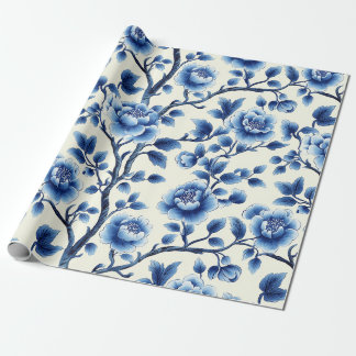 Elegant Blauw Chinoiserie Bloemenpatroon Ontwerp Cadeaupapier