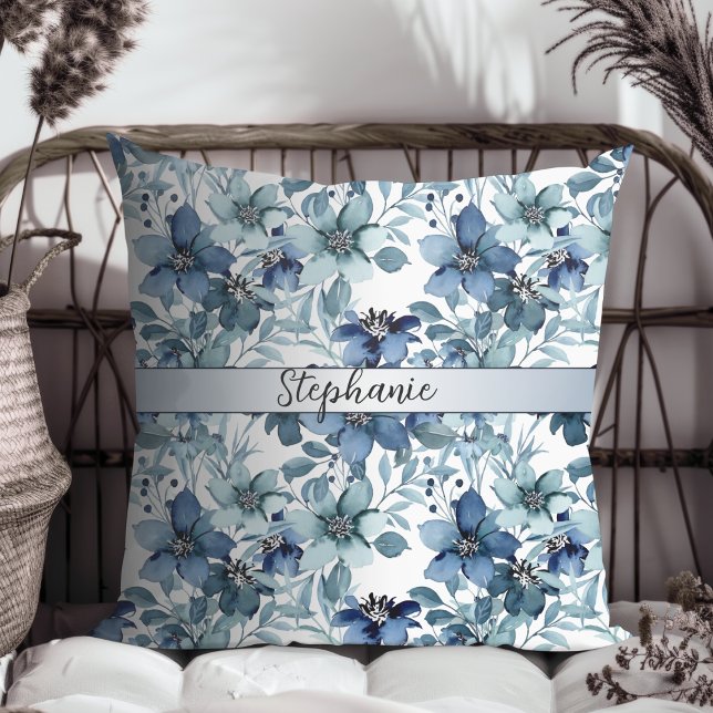 Elegant Blauw  Chintz Patroon Monogram Kussen (Creator heeft geüpload)
