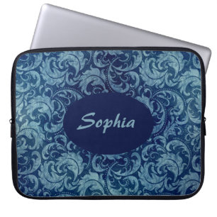 Elegant blauw Damaskpatroon Laptop Sleeve