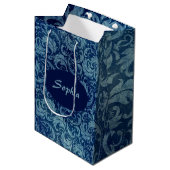 Elegant blauw Damaskpatroon Medium Cadeauzakje (Voorkant Gekanteld)