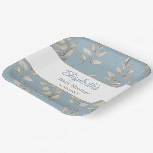 Elegant blauw en beige bladeren Baby shower Papieren Bordje (Gebogen)