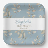 Elegant blauw en beige bladeren Baby shower Papieren Bordje (Voorkant)